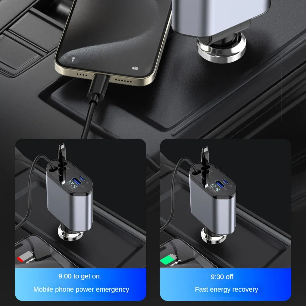 Cargador de coche retráctil 4 en 1 de carga rápida, 120 W
