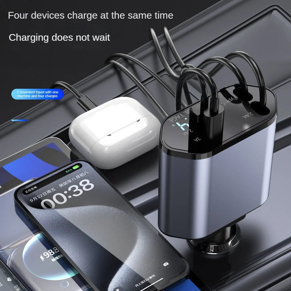 Cargador de coche retráctil 4 en 1 de carga rápida, 120 W