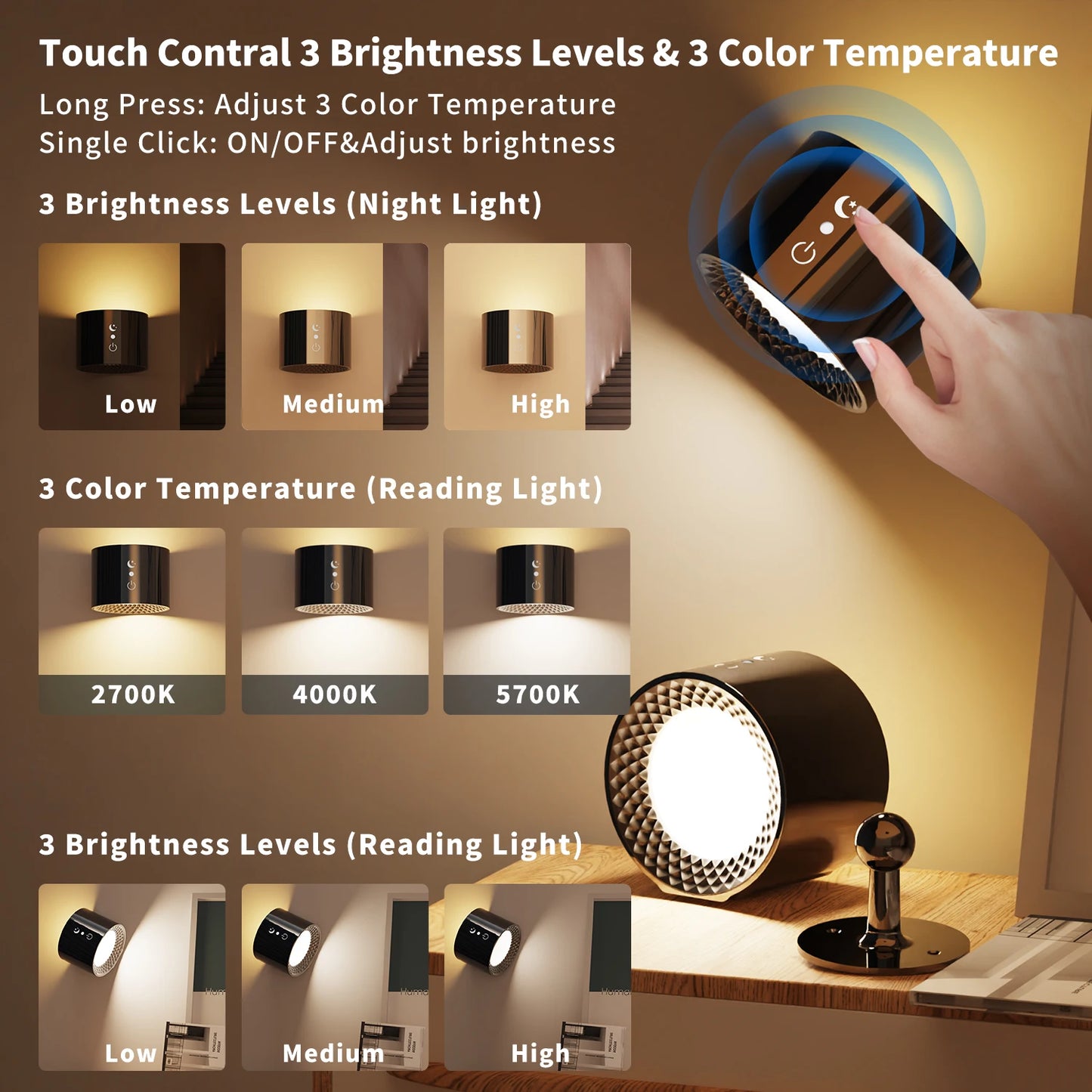 💡 Lámpara de Pared LED Giratoria 360° – Doble Luz para Dormitorio o Sala